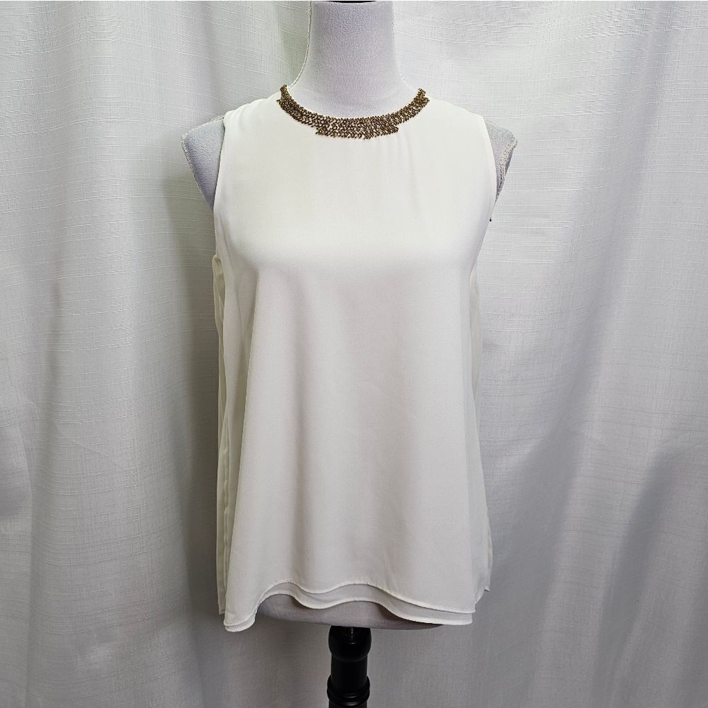 Cache Bead Trim Cream Pleated Sleeveless Blouse Size Small